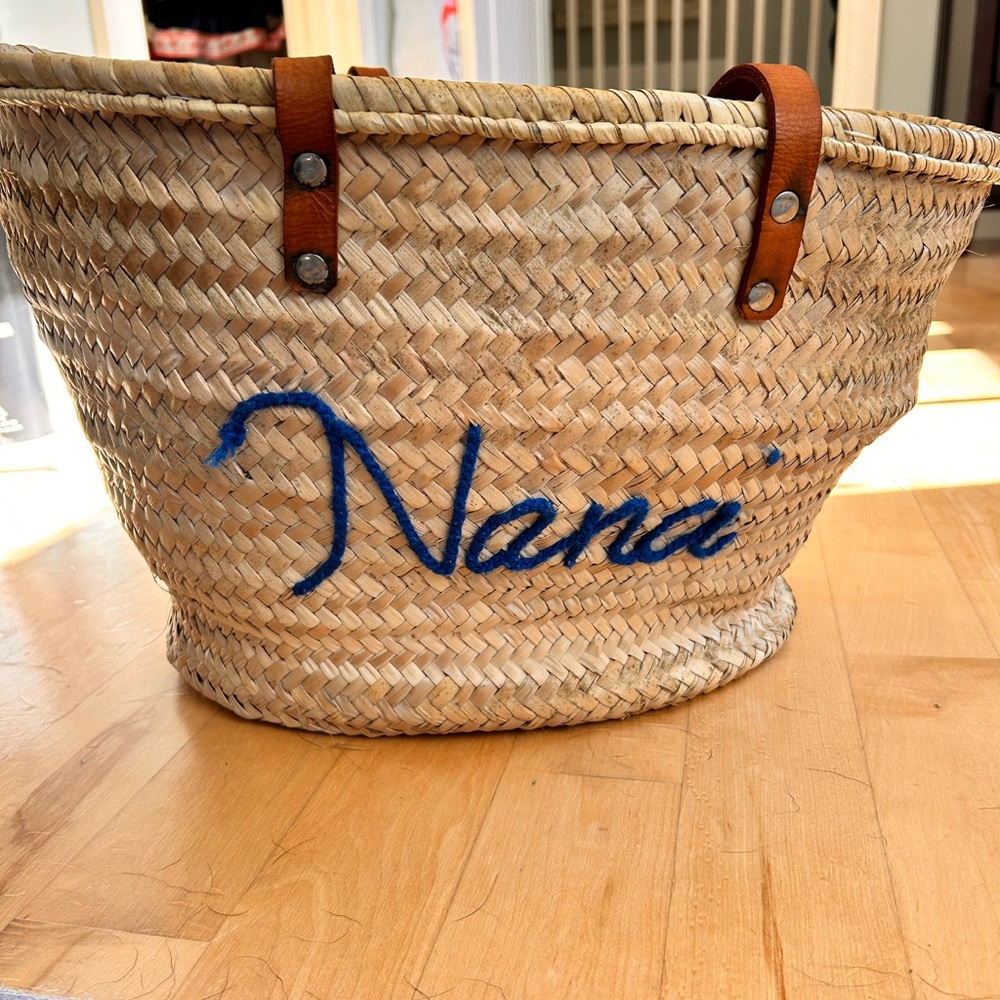 Woven Straw Tote with Blue Nana Embroidery